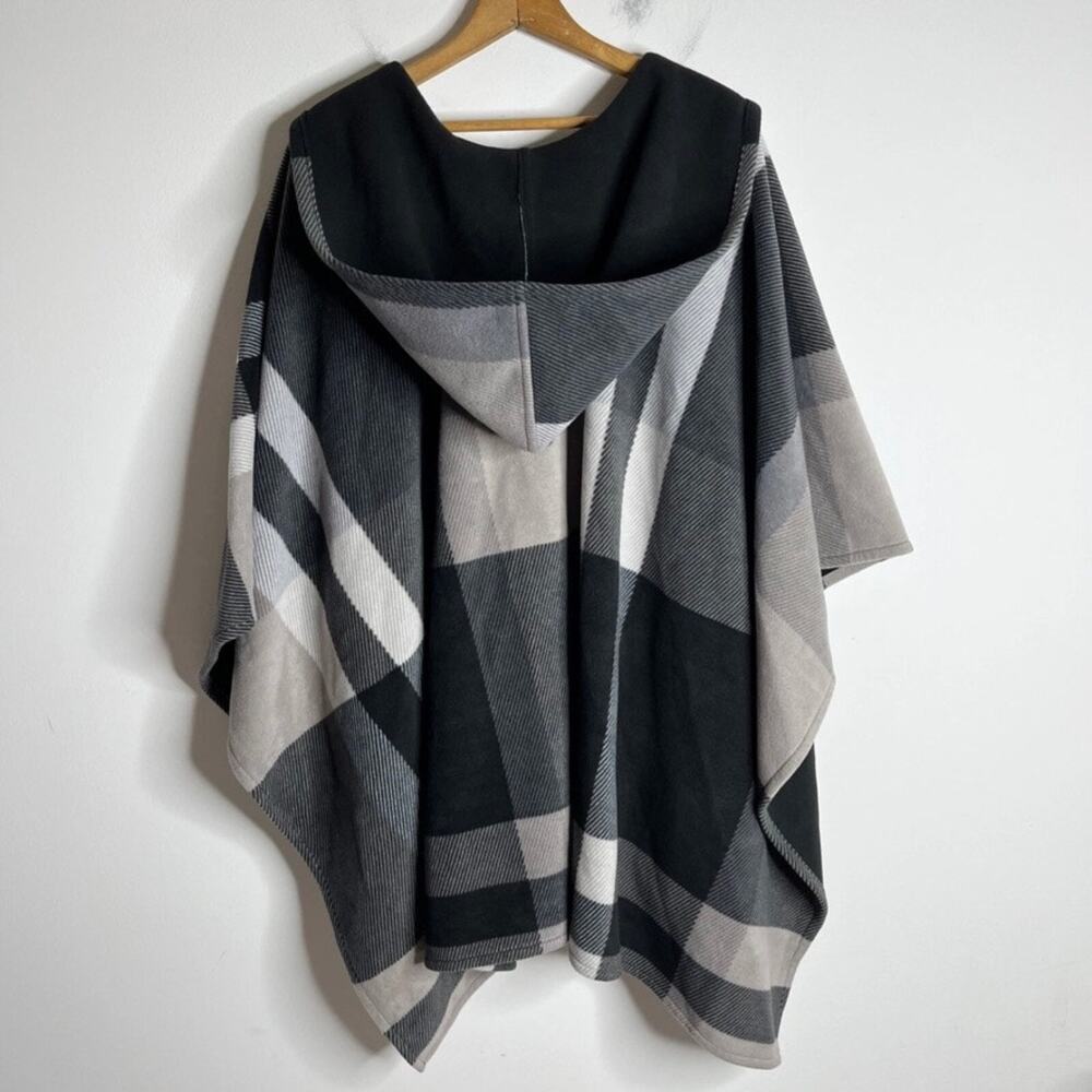 Rachel Roy Women's Fleece Cape Poncho Sweater One Size Black Plaid Hooded Open - Picture 4 of 7